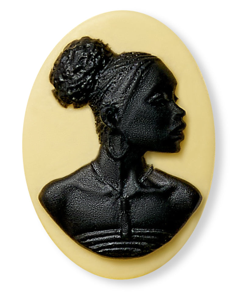 Black silhouette of a woman on a beige oval background