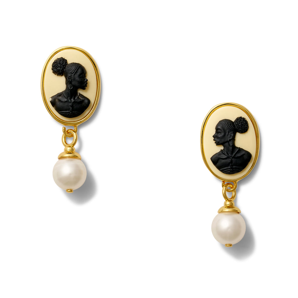 Black silhouette of a woman on a beige oval background