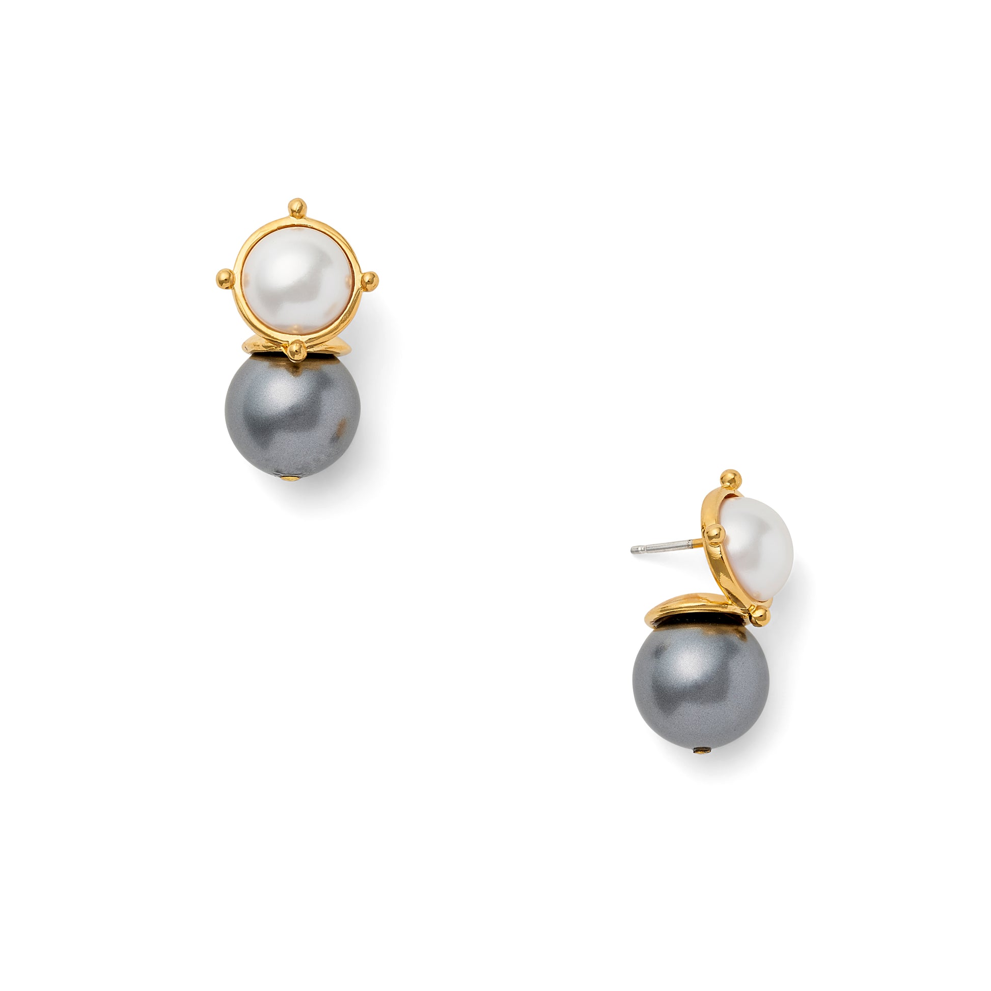 Pair of earrings with gold, gray, and pearl components on a white background