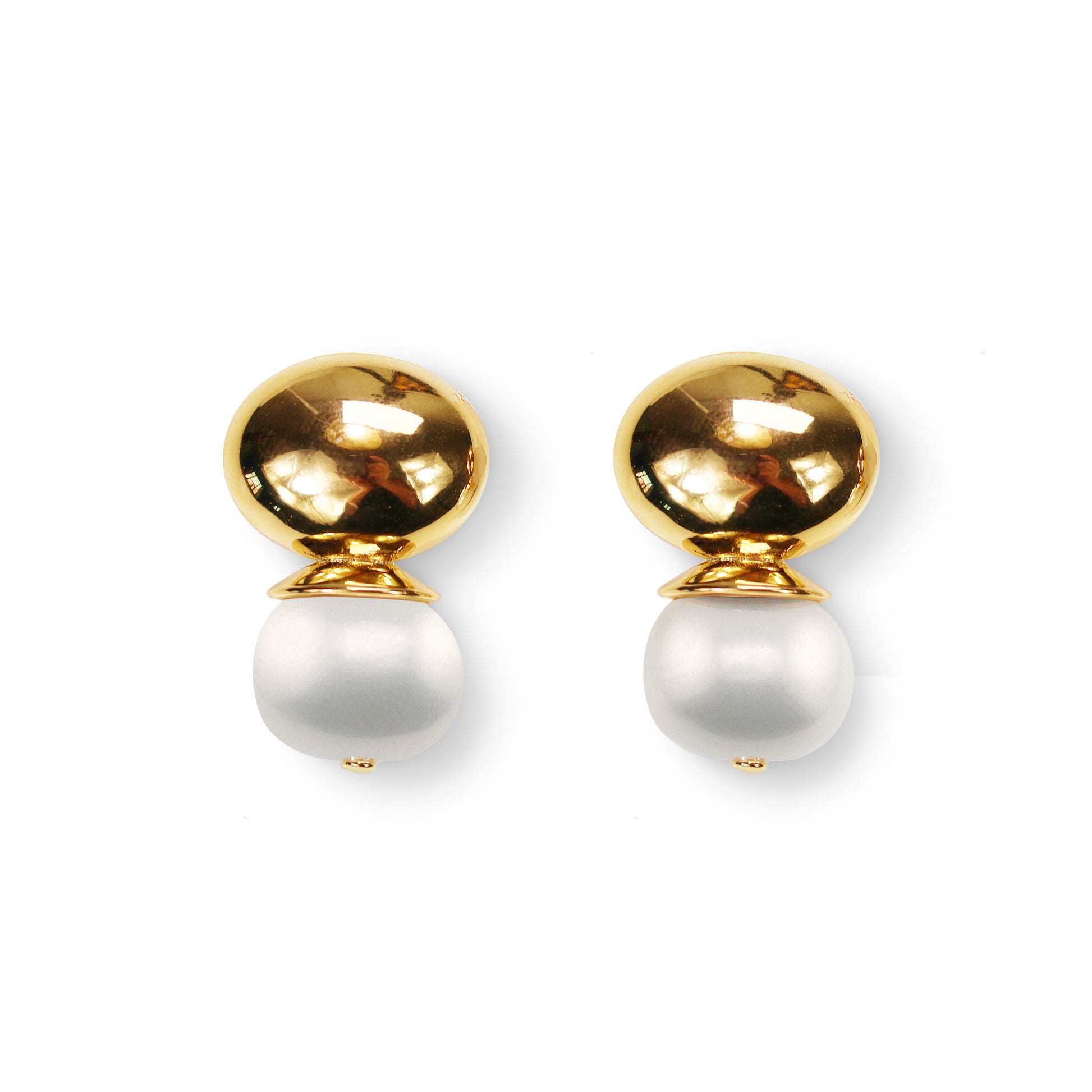 A pair of gold-colored earrings featuring a polished spherical top with a large white pearl dangling below.