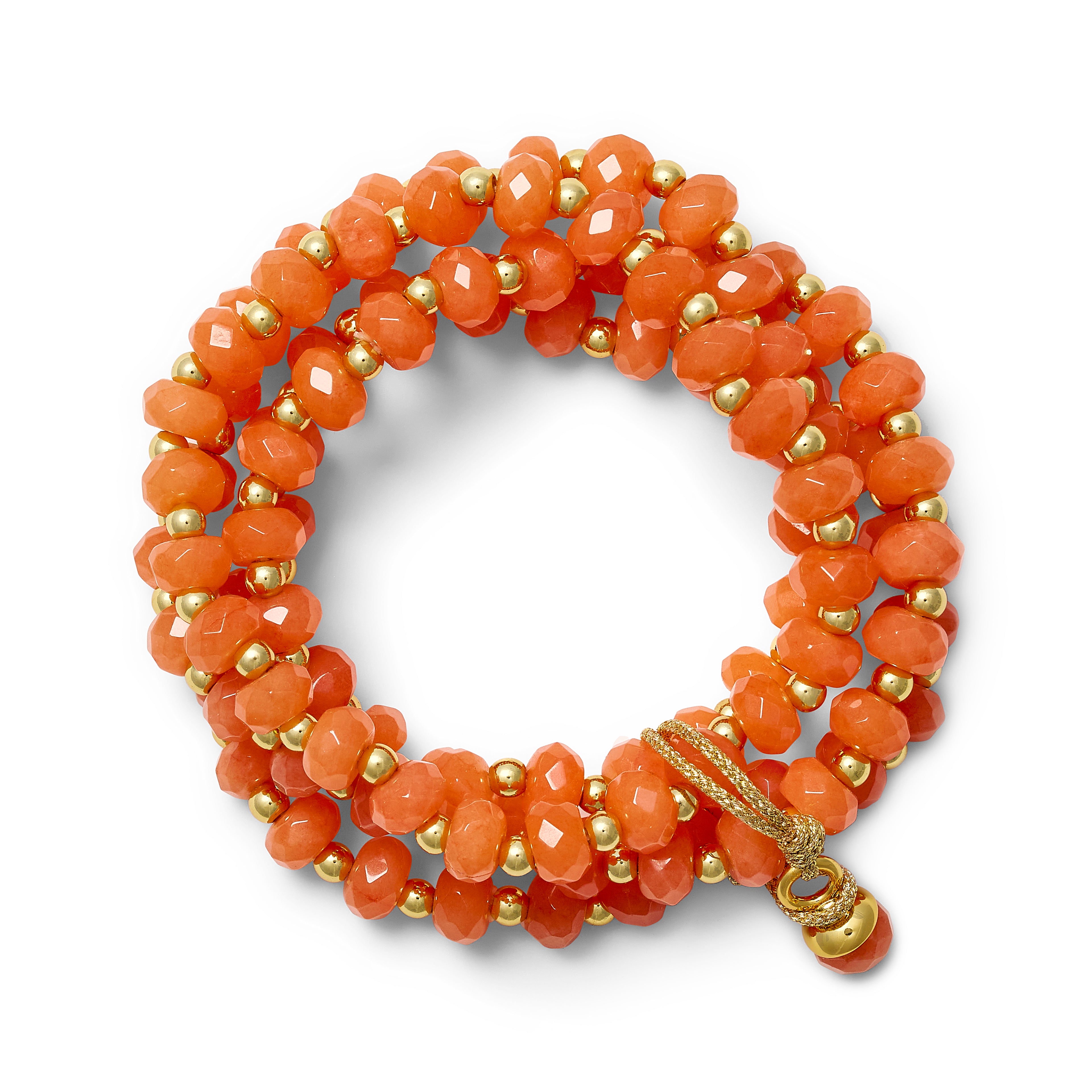 Orange beaded bracelet with gold accents on a white background