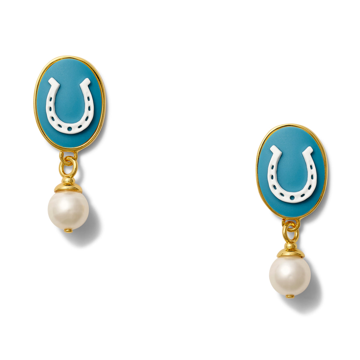 Lucky Blue Horse Shoe + Pearl Earrings