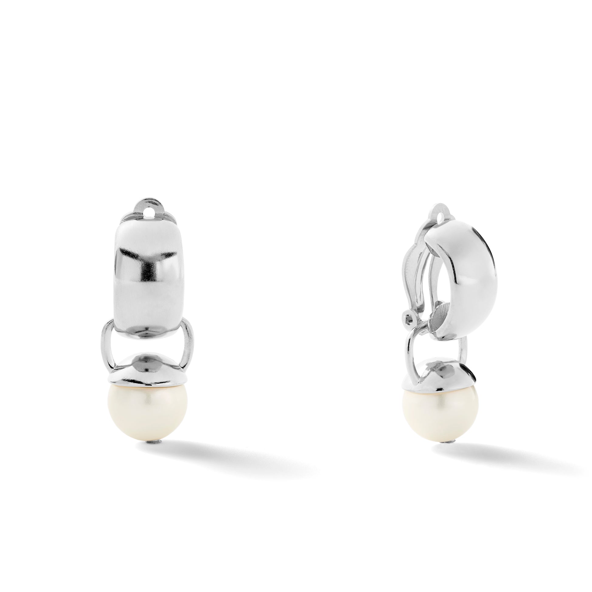 The image shows a pair of sterling silver ear clips with detachable white pearl drops. The ear clips have a smooth, sculpted design on top and a paddle backing.